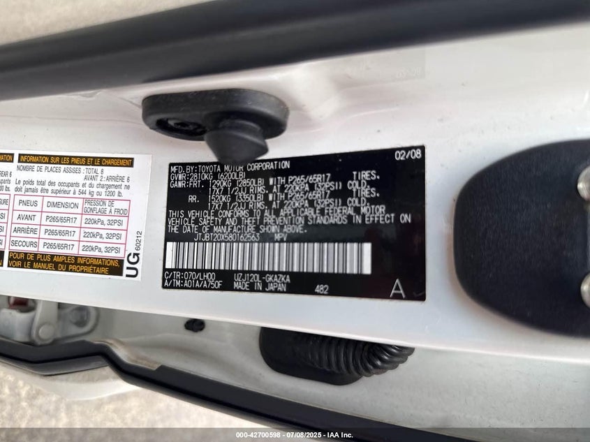 2008 LEXUS GX VIN: JTJBT20X580162563
