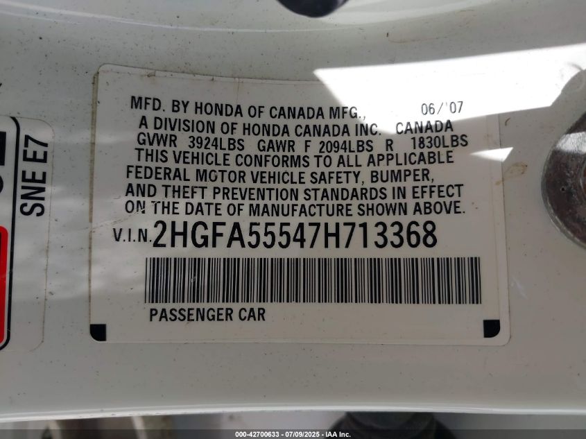 2007 Honda Civic Si VIN: 2HGFA55547H713368 Lot: 42700633