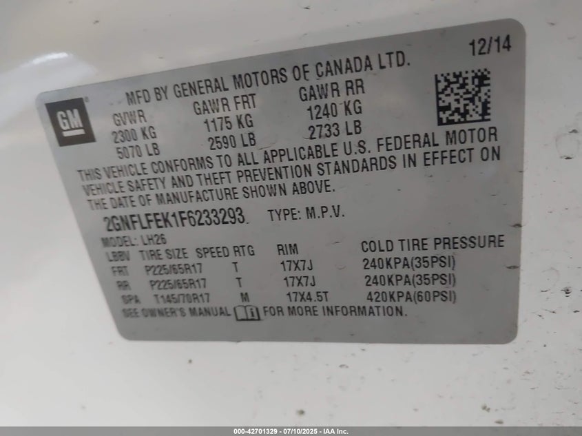 2015 CHEVROLET EQUINOX 1LT - 2GNFLFEK1F6233293
