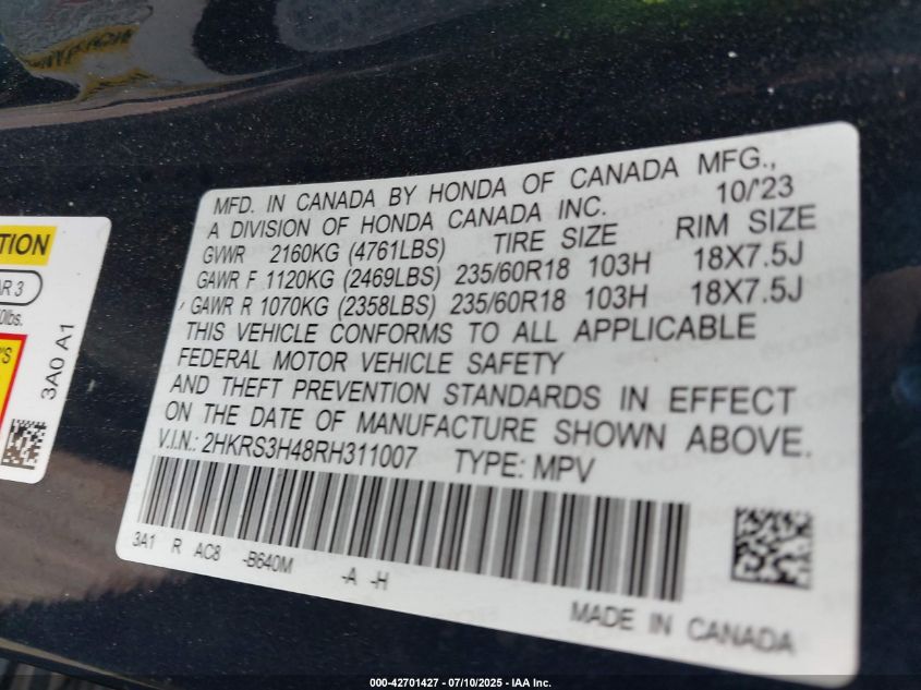 2024 Honda Cr-V Ex 2Wd VIN: 2HKRS3H48RH311007 Lot: 42701427