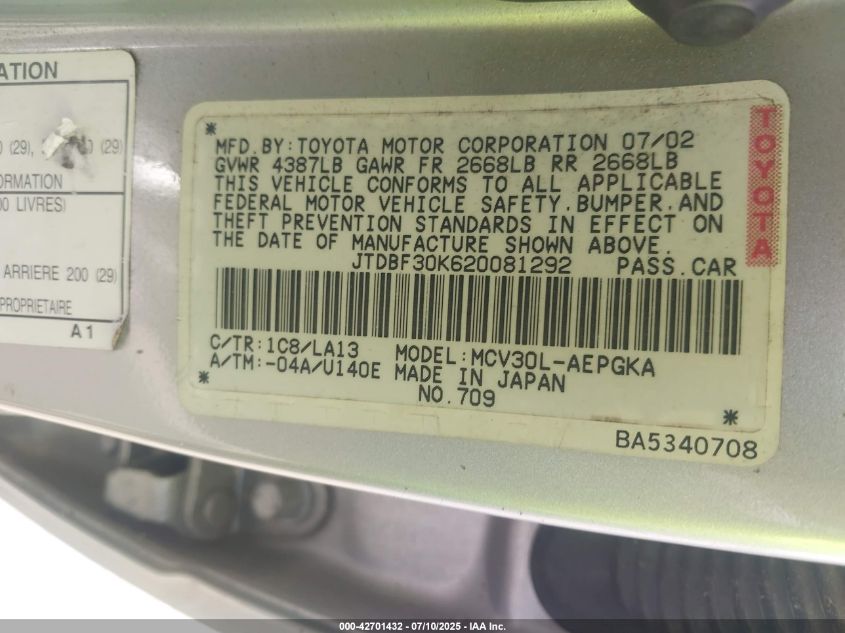 2002 Toyota Camry Xle V6 VIN: JTDBF30K620081292 Lot: 42701432