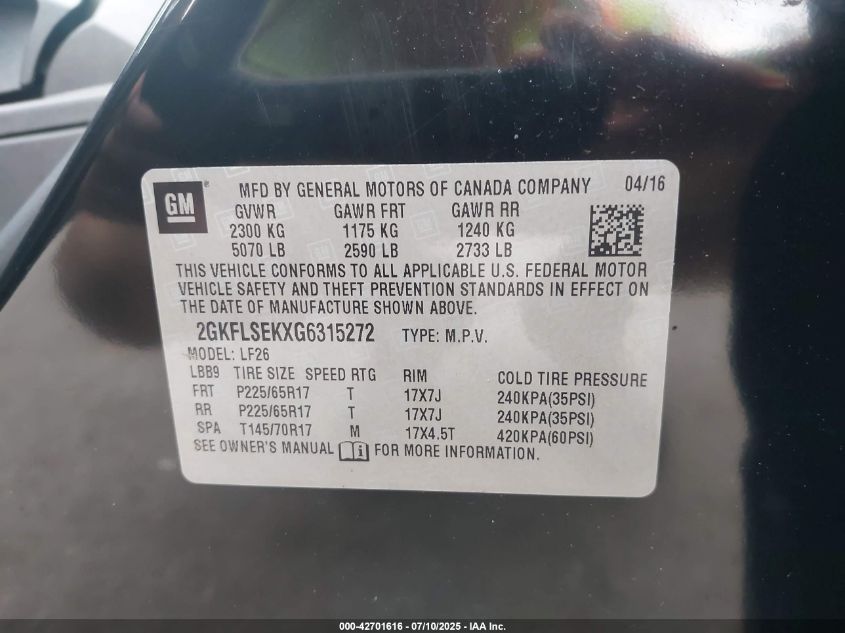 2016 GMC Terrain Sle-1 VIN: 2GKFLSEKXG6315272 Lot: 42701616