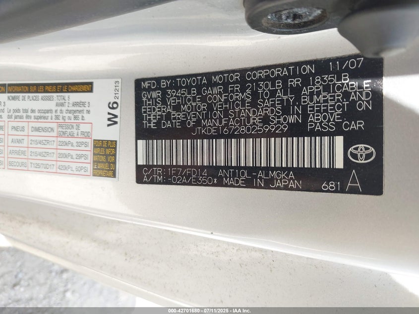 2008 TOYOTA SCION TC VIN: JTKDE167280259929