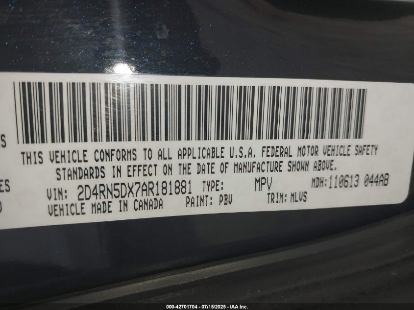 2010 Dodge Grand Caravan Sxt VIN: 2D4RN5DX7AR181881 Lot: 42701704