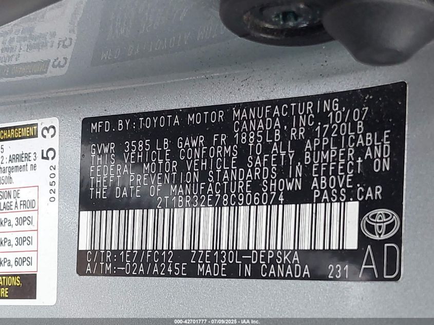 2008 Toyota Corolla Ce/Le/S VIN: 2T1BR32E783906074 Lot: 42701777