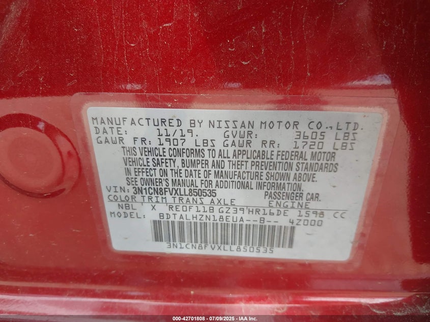 2020 Nissan Versa Sr Xtronic Cvt VIN: 3N1CN8FVXLL850535 Lot: 42701808