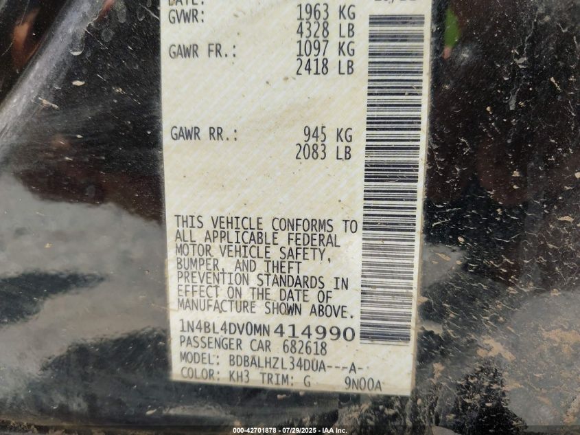 2021 Nissan Altima Sv Fwd VIN: 1N4BL4DV0MN414990 Lot: 42701878