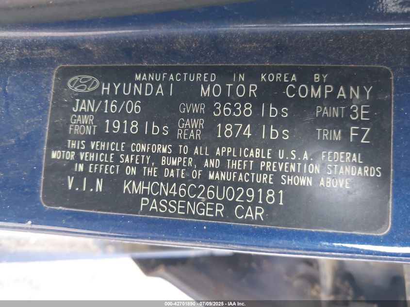 2006 Hyundai Accent Gls VIN: KMHCN46C26U029181 Lot: 42701890