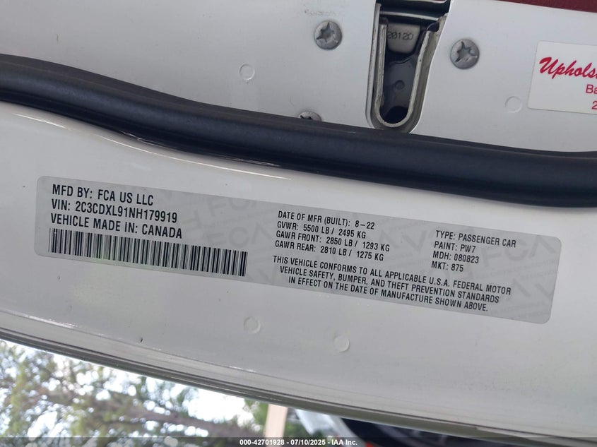 2022 Dodge Charger Srt Hellcat Widebody VIN: 2C3CDXL91NH179919 Lot: 42701928