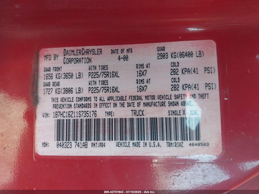 2001 Dodge Ram 1500 St VIN: 1B7HC16Z01F735176 Lot: 42701943