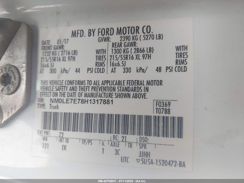 2017 Ford Transit Connect Xl VIN: NM0LE7E78H1317881 Lot: 42702037