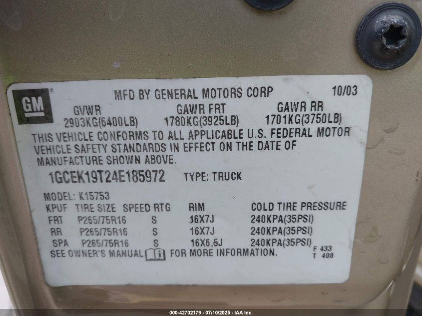 2004 Chevrolet Silverado 1500 Z71 VIN: 1GCEK19T24E185972 Lot: 42702179