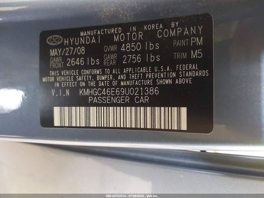2009 HYUNDAI GENESIS VIN: KMHGC46E69U021386