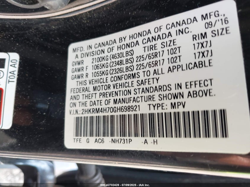 2016 HONDA CR-V EXL - 2HKRM4H70GH698921