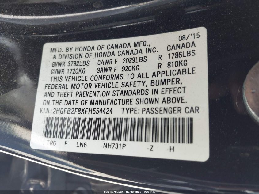 2015 Honda Civic Ex VIN: 2HGFB2F8XFH554424 Lot: 42702581
