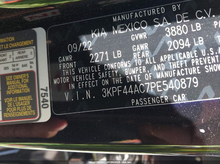 2023 Kia Forte Gt Manual VIN: 3KPF44AC7PE540879 Lot: 42702591