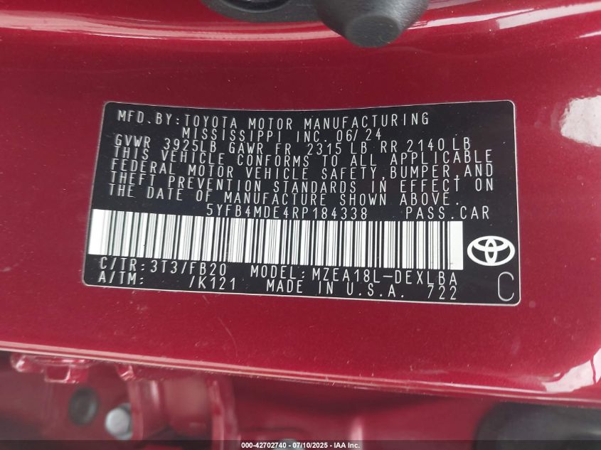 2024 Toyota Corolla Le VIN: 5YFB4MDE4RP184338 Lot: 42702740