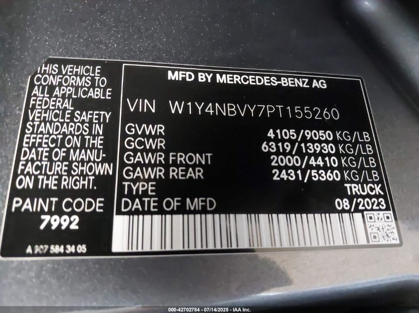 2023 Mercedes-Benz Sprinter 2500 Standard Roof 4-Cyl Diesel Ho VIN: W1Y4NBVY7PT155260 Lot: 42702784
