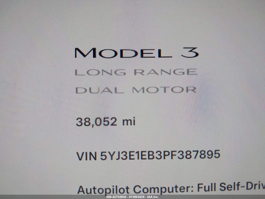 2023 Tesla Model 3 Long Range Dual Motor All-Wheel Drive VIN: 5YJ3E1EB3PF387895 Lot: 42702930