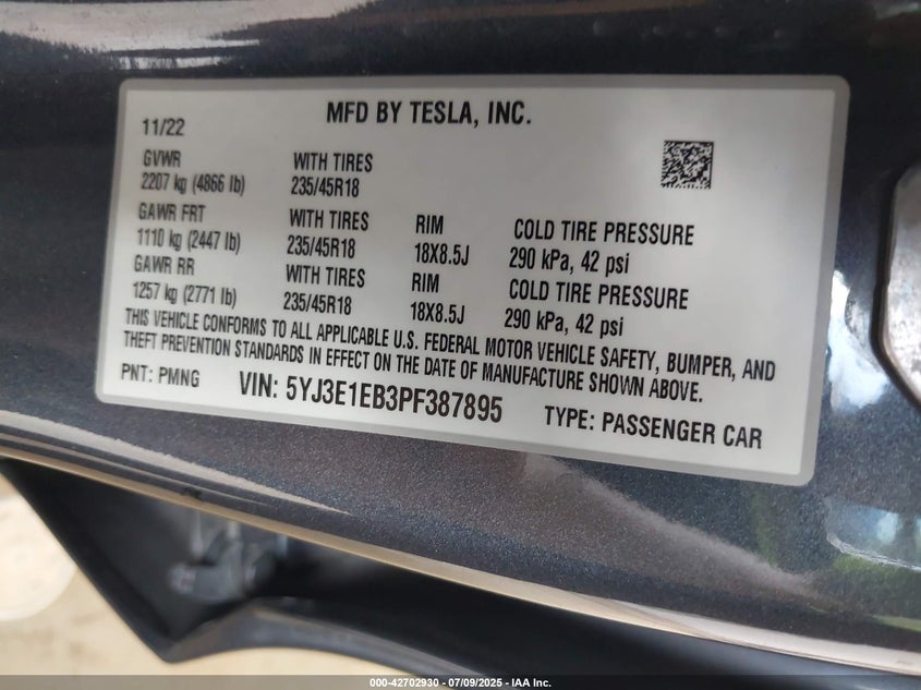 2023 Tesla Model 3 Long Range Dual Motor All-Wheel Drive VIN: 5YJ3E1EB3PF387895 Lot: 42702930