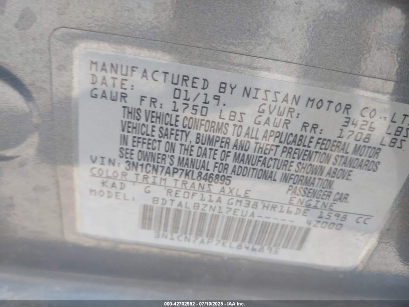 2019 Nissan Versa 1.6 Sv VIN: 3N1CN7AP7KL846895 Lot: 42702952