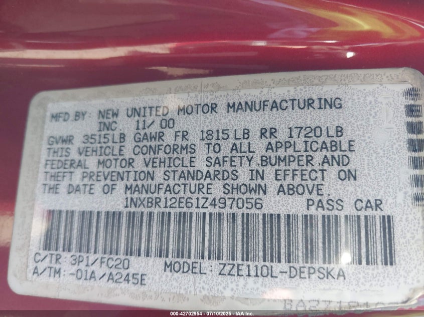 2001 Toyota Corolla S VIN: 1NXBR12E61Z497056 Lot: 42702954