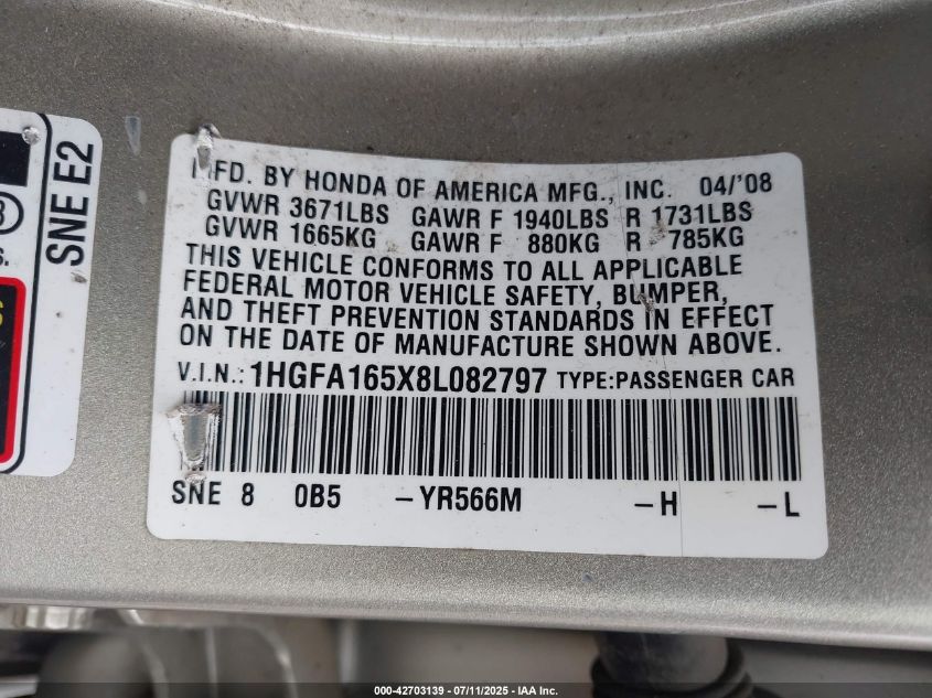 2008 Honda Civic Lx VIN: 1HGFA165X8L082797 Lot: 42703139