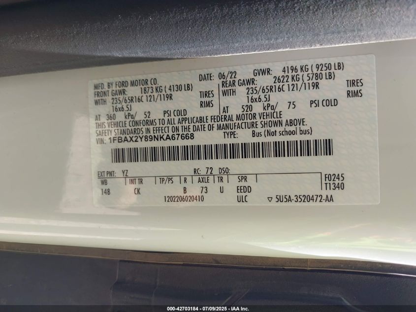 2022 Ford Transit-350 Passenger Van Xlt VIN: 1FBAX2Y89NKA67668 Lot: 42703184