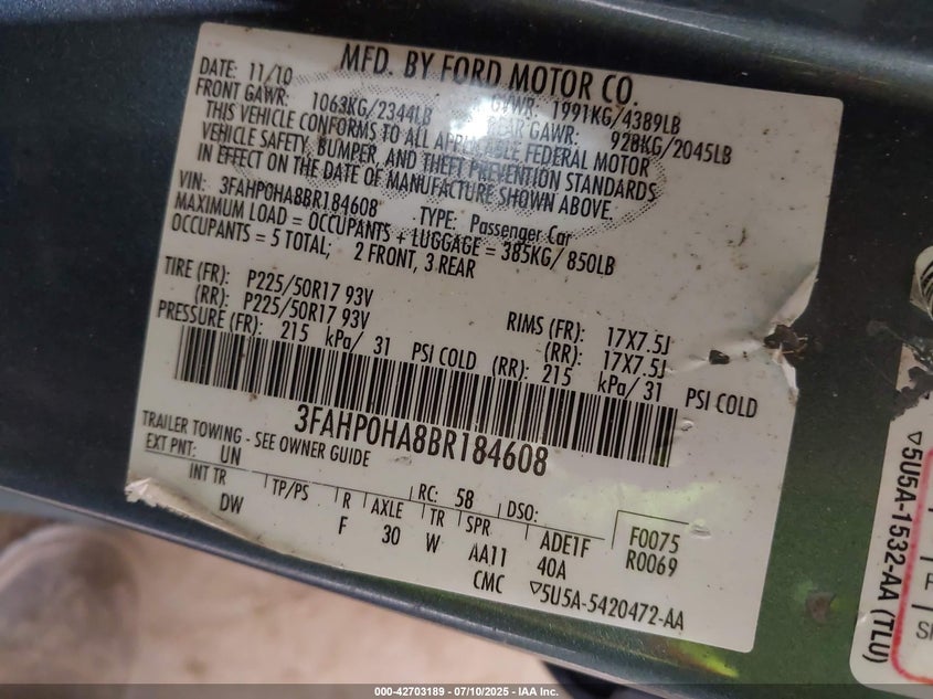 2011 FORD FUSION VIN: 3FAHP0HA8BR184608