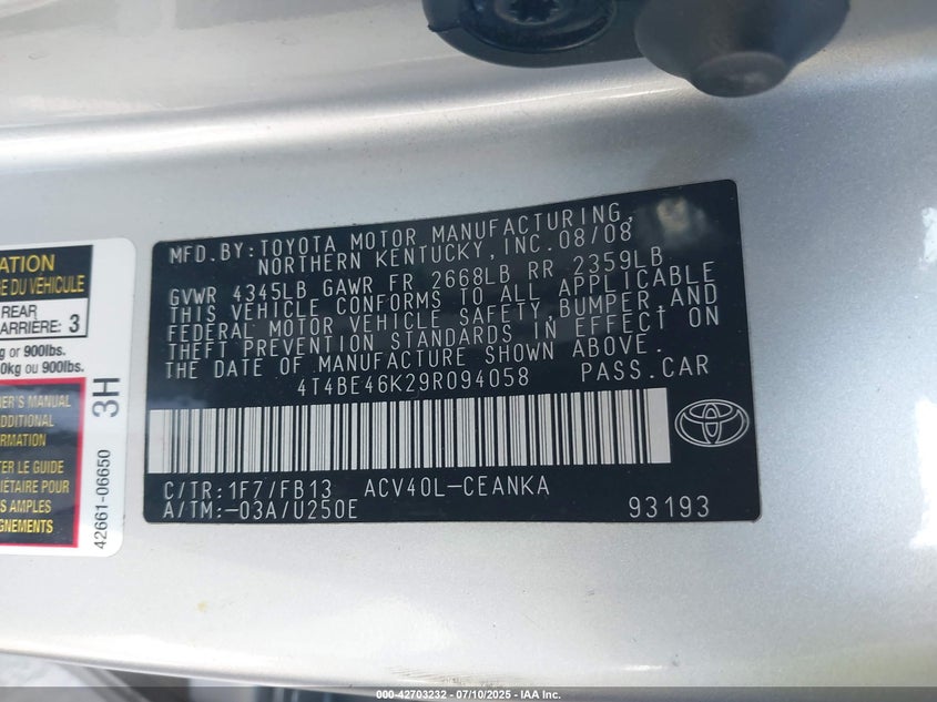 2009 TOYOTA CAMRY VIN: 4T4BE46K29R094058