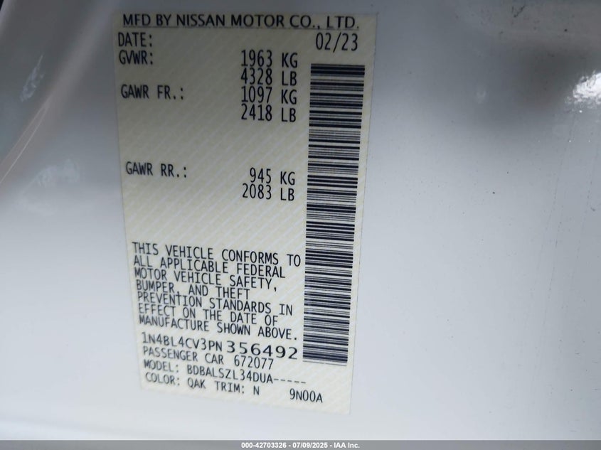 2023 NISSAN ALTIMA VIN: 1N4BL4CV3PN356492
