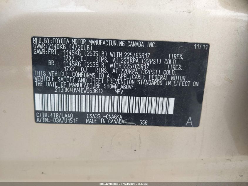 2011 Toyota Rav4 Limited V6 VIN: 2T3DK4DV4BW063612 Lot: 42703380