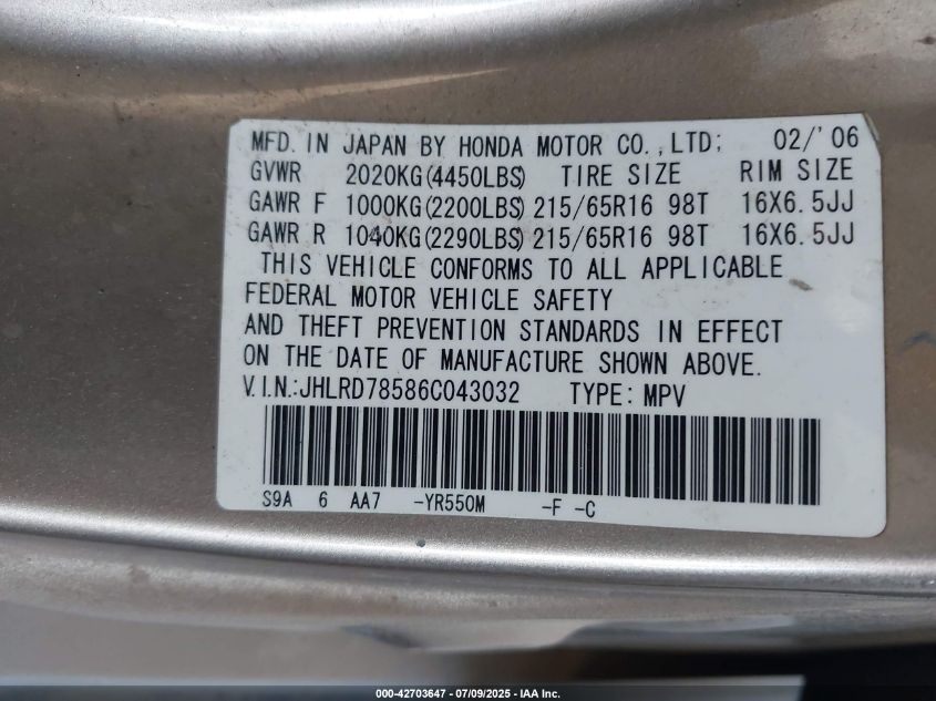 2006 Honda Cr-V Lx VIN: JHLRD78586C043032 Lot: 42703647