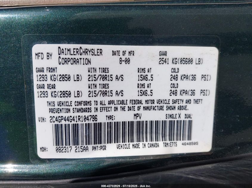 2001 Chrysler Town & Country Lx VIN: 2C4GP44G41R104796 Lot: 42703929