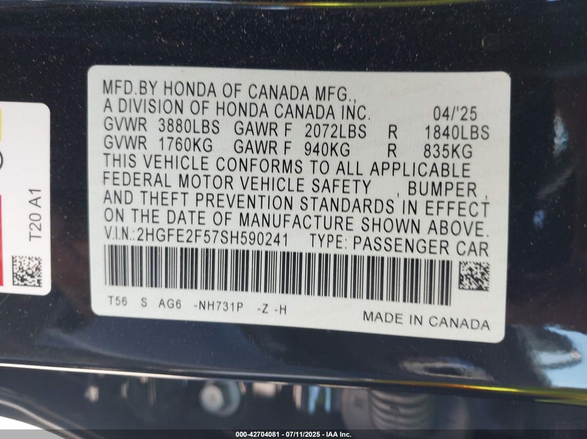 2025 HONDA CIVIC SPORT - 2HGFE2F57SH590241