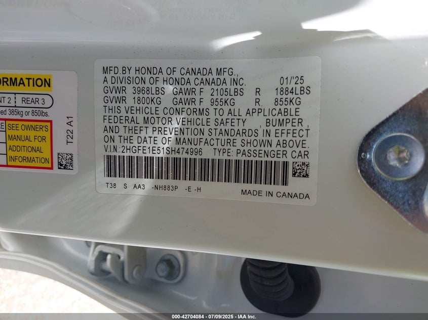 2025 HONDA CIVIC SI BASE W/HIGH PERFORMANCE SUMMER TIRES/ - 2HGFE1E51SH474996