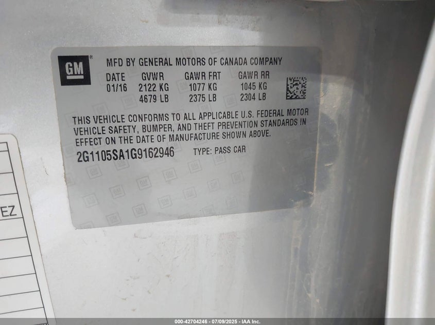 2016 CHEVROLET IMPALA VIN: 2G1105SA1G9162946