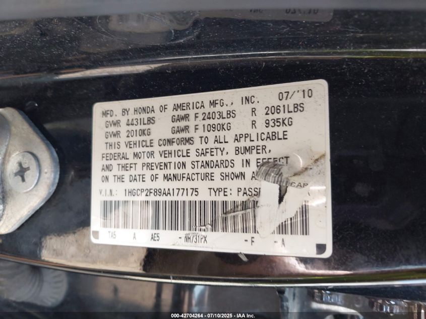 2010 Honda Accord 2.4 Ex-L VIN: 1HGCP2F89AA177175 Lot: 42704264