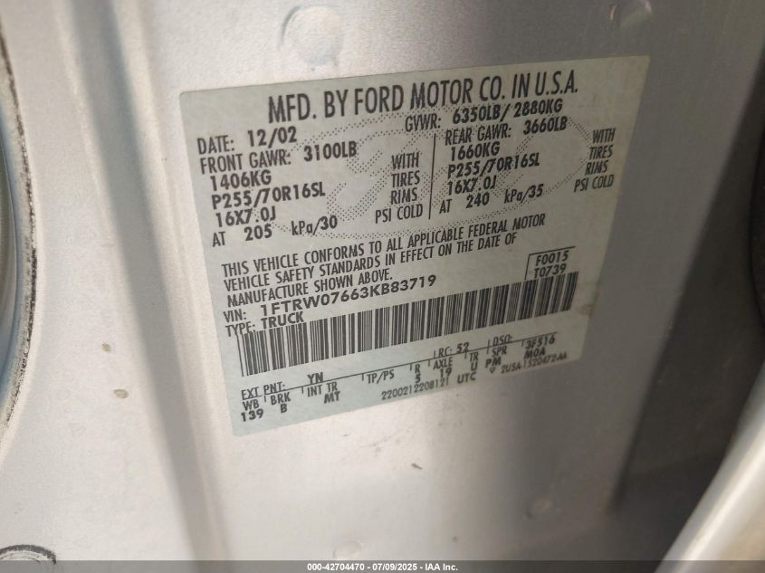 2003 Ford F-150 Lariat/Xlt VIN: 1FTRW07663KB83719 Lot: 42704470