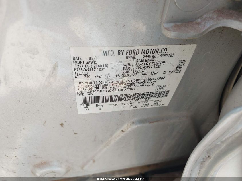 2011 Ford Edge Se VIN: 2FMDK3GC6BBB35381 Lot: 42704541