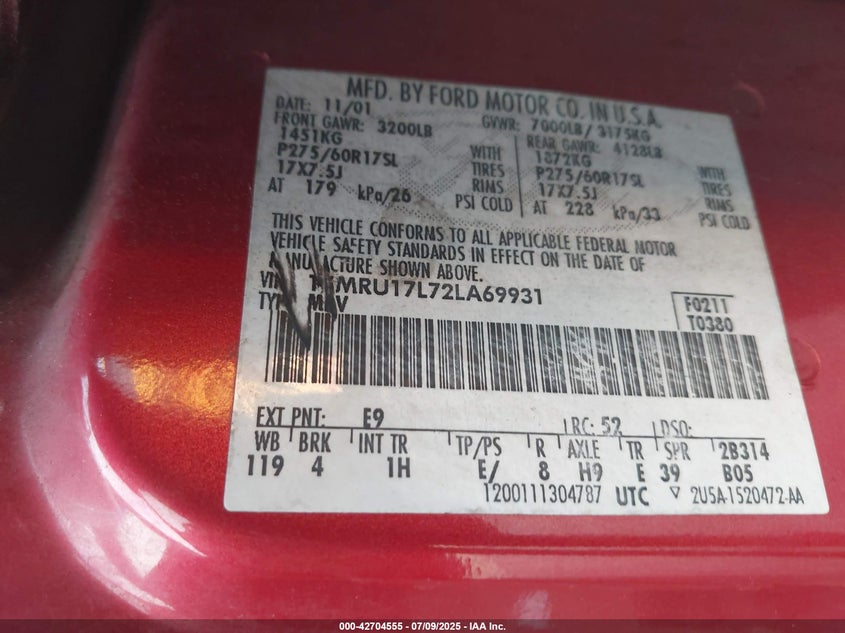 2002 Ford Expedition Eddie Bauer VIN: 1FMRU17L72LA69931 Lot: 42704555