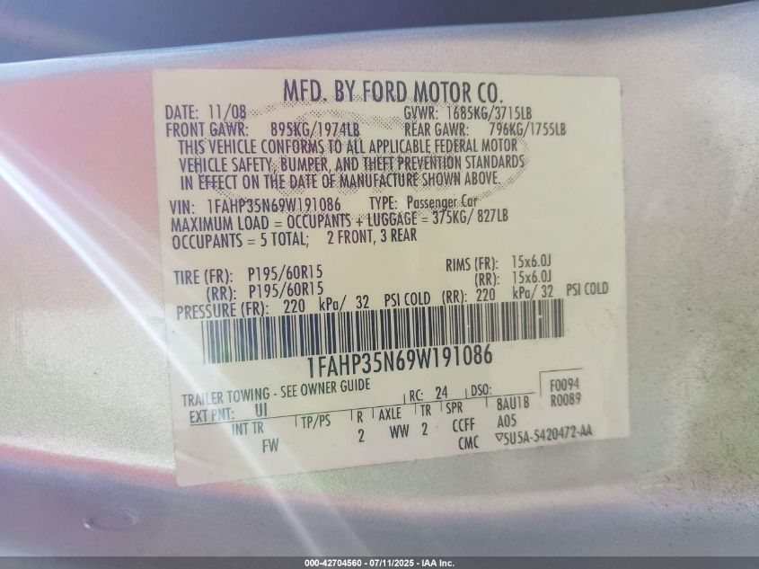 2009 Ford Focus Se VIN: 1FAHP35N69W191086 Lot: 42704560