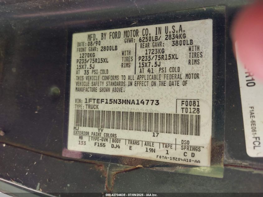 1991 Ford F150 VIN: 1FTEF15N3MNA14773 Lot: 42704635
