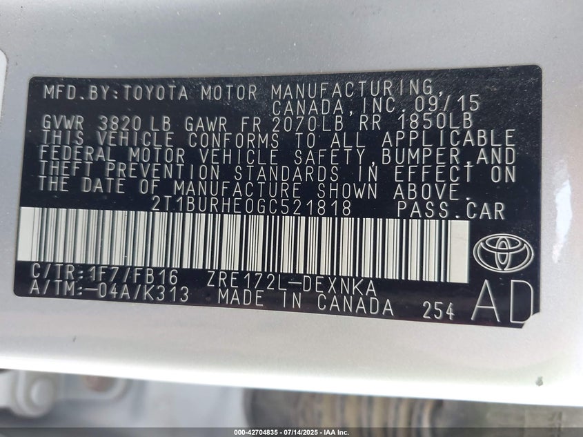 2016 TOYOTA COROLLA LE - 2T1BURHE0GC521818