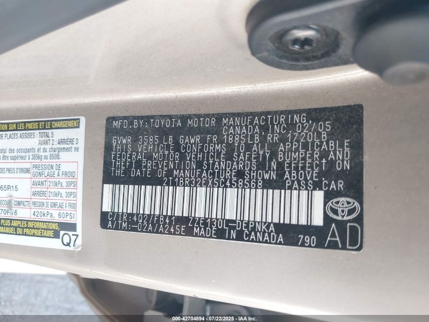 2005 Toyota Corolla Le VIN: 2T1BR32EX5C458568 Lot: 42704894