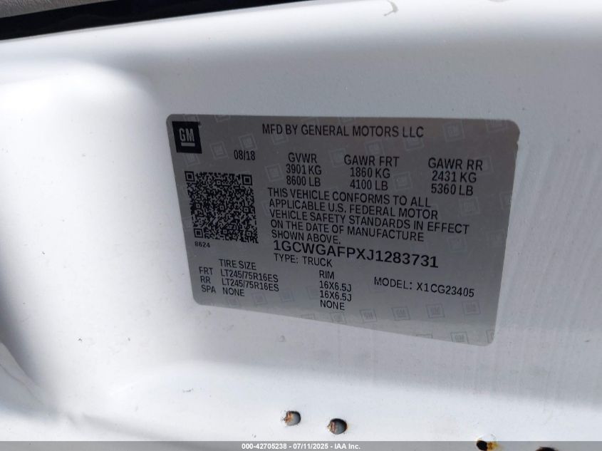 2018 Chevrolet Express 2500 Work Van VIN: 1GCWGAFPXJ1283731 Lot: 42705238