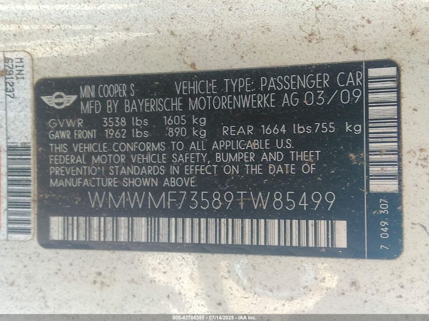 2009 Mini Cooper S VIN: WMWMF73589TW85499 Lot: 43354478