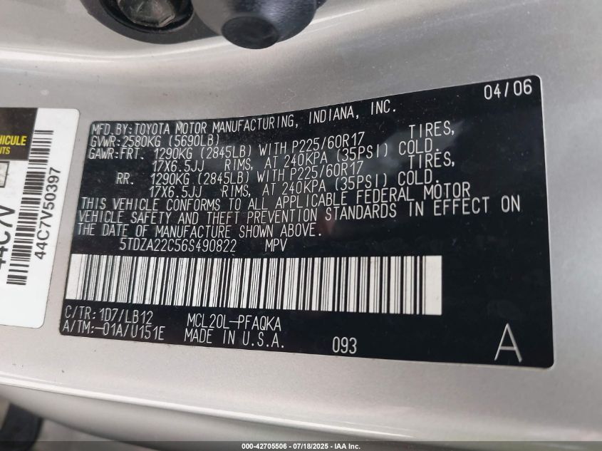 2006 Toyota Sienna Xle Limited VIN: 5TDZA22C56S490822 Lot: 42705506