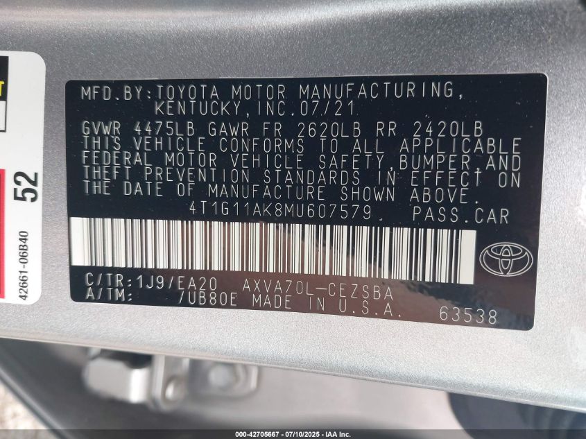 2021 Toyota Camry Se VIN: 4T1G11AK8MU607579 Lot: 42705667