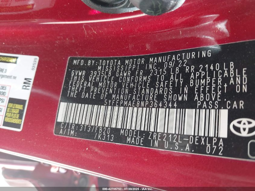 2022 Toyota Corolla Le VIN: 5YFEPMAE8NP364344 Lot: 42705753